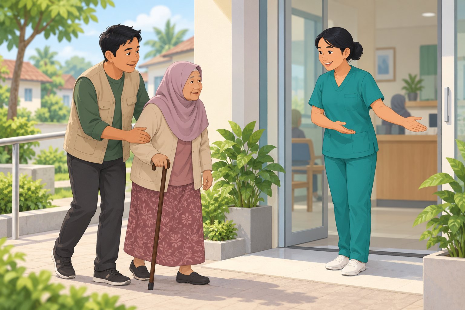Ilustrasi: Relawan mendampingi lansia menuju tenaga kesehatan di tempat aman.