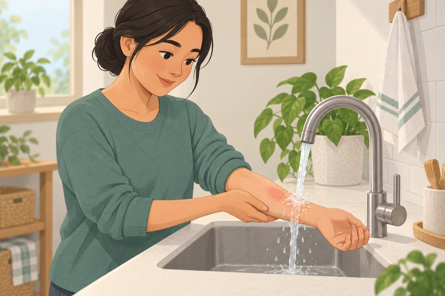 Ilustrasi: Lengan dengan luka bakar ringan didinginkan di bawah air bersih mengalir.